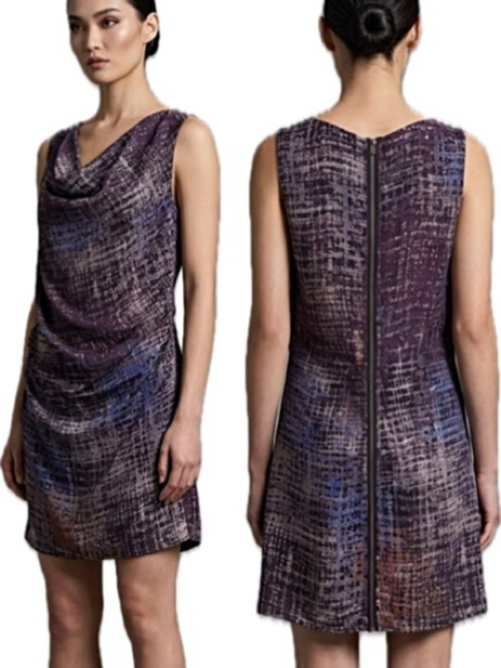 Flounce 100% Silk Ruched Sleeveless Dress Size Small Abstract Print Zipper Back